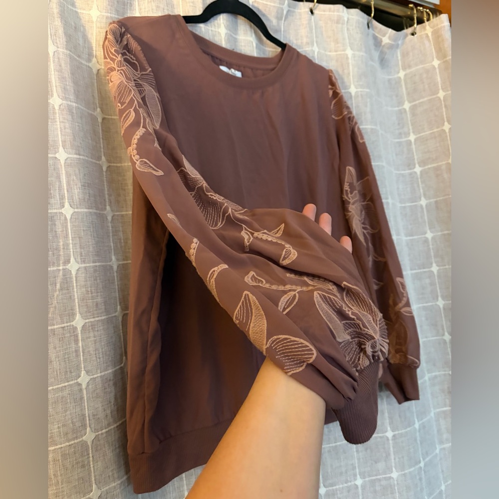Maurices Rose/Brown Floral-Embroidered Long Sleeve Shirt